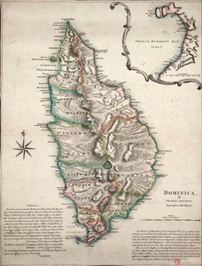 Dominika színes térképe részletes földrajzi megfigyelésekkel, 1760 körül (kézi színes metszet) alkotó: Thomas Jefferys