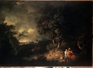 ""Viharkép Aeneasszal és Didóval"" (Táj Aeneasszal és Didóval) Illusztráció Vergilius Aeneiséből. Thomas Jones (1742-1803) festménye 1769 Méret: 137,5x193,5 cm Ermitázs Múzeum, Szentpétervár