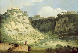 Nemi Diana templomának kilátása egy pásztorral az előtérben, 1785