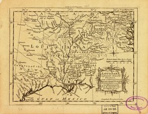 Louisiana, amelyet korábban Franciaország követelt magának, és amely most a Mississippitől keletre Brit-Amerika egy részét, a Mississippitől nyugatra pedig Spanyol-Amerikát foglalja magában. LOC 77690498