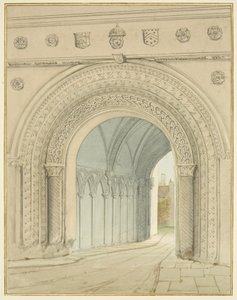 A College Gateway boltív északi nézete (ceruza és akvarell papíron) alkotó: Thomas Leeson the Elder Rowbotham