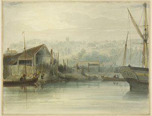 Hajógyár a Canon-lápnál és a Frome bejárata, Clifton felé nézve alkotó: Thomas Leeson the Elder Rowbotham