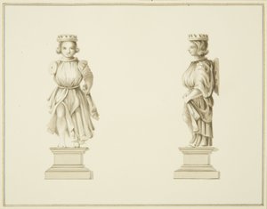 Egy faragott fából készült figura két képe a Szent János-templom paprikás termében (ceruza és akvarell papíron) alkotó: Thomas Leeson the Elder Rowbotham