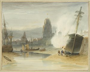 St Mary Redcliffe képe a Gibb-slipről a Floating Harbour megalakulása előtt, egy hajó fenekének beégését is mutatja alkotó: Thomas Leeson the Elder Rowbotham