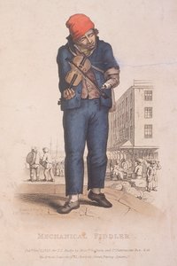 Hegedűs karprotézissel, háttérben piaccal, 1820