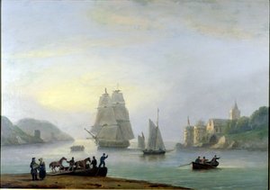 Egy dand belép a Dartmouth kikötőbe, komppal az előtérben, 1828