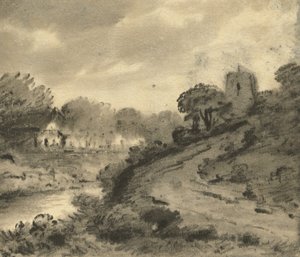 Erdős folyami táj sziklával a bal előtérben, 1800 körül