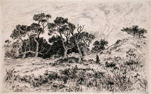 Déli szél és felhős ég Vadászreggelnek hirdetik (rézkarc) alkotó: Thomas Moran