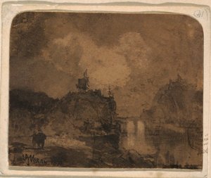 Rajz, Folyójelenet, Grand Canyon, Colorado, 1870 alkotó: Thomas Moran