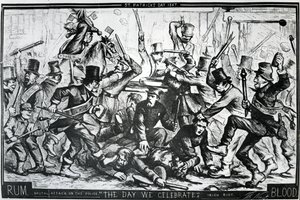 Rajzfilm, amely a New York-i zavargásokat ábrázolja Szent Patrik napján, 1867, megjelent a Harper