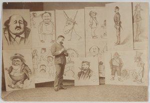 Thomas Nast egész alakos portréja karikatúrák csoportjával alkotó: Thomas Nast