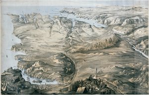 Panorámás kilátás Anglia és Franciaország szövetséges hadseregeinek megszilárdítására Sebastopol előtt (kőnyomat, színezett)