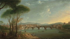 Kilátás a firenzei Arnóra a Cascine-kertből, az előtérben halászó és a sziklákon pihenő alakokkal, a Ponte alla Carità-val és a Ponte Vecchio-val túl