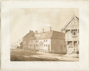 Abbots Bromley Almshouses: szépia mosás rajz alkotó: Thomas Peploe Wood
