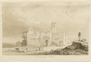 Tittensor - Régi kastély: szépia mosás rajza, 1837 alkotó: Thomas Peploe Wood