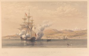 H.M.S. Highflyer John Moore kapitány, C.B. c. horgonyon Soukoum Kaleh-Abasia előtt, Omar pasa elhagyja a hajót, 1855 októbere.