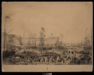 A Trafalgar vízre bocsátása Őkegyelmes Felségének, Viktória királynőnek és Ő Királyi Fenségének, Albert hercegnek jelenlétében a Woolwichi Kikötőudvarban.... alkotó: Thomas Picken
