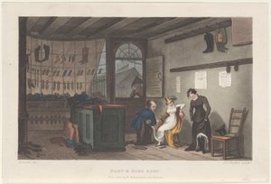 Boot & Shoe Shop, a Poetical Sketches of Scarborough-ból, 1813., 1813. Alkotók: Thomas Rowlandson, Joseph Constantine Stadler, J. Bluck.