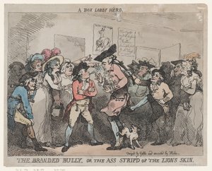 „A bokszterem hőse”, „A megjelölt zsarnok” vagy „A oroszlánbőrtől megfosztott szamár”. alkotó: Thomas Rowlandson
