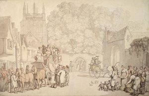Egy edző elhagyni készül a Canterbury Gate-et, Christ Church, Oxford, 1810-15 alkotó: Thomas Rowlandson