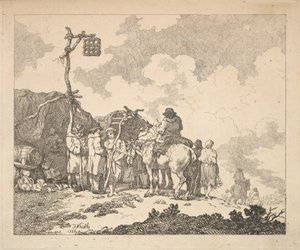 Vásár - Cigányok csoportja - Férfiak és nők rusztikus ruhában két rögtönzött Te... előtt, 1786. alkotó: Thomas Rowlandson