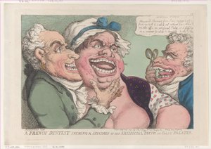 Egy francia fogorvos, aki mintát mutat műfogaiból és hamis szájpadlásából..., 1811. február 26. alkotó: Thomas Rowlandson