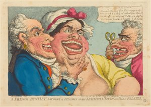Egy francia fogorvos, aki mesterséges fogainak és fogpótlásainak egyik példányát mutatja be alkotó: Thomas Rowlandson