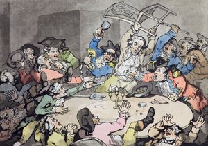 Felrúgás egy veszélyes asztalnál, kocsma. J. Harris, 1787 (színes rézkarc akvatintával) alkotó: Thomas Rowlandson