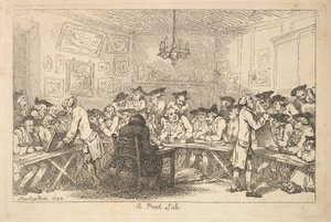 Nyomdai kiárusítás – Éjszakai aukció, 1788. alkotó: Thomas Rowlandson