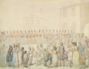A Northamptonshire-i milícia áttekintése Brackleyben, Northants (toll és tinta akvarellel papíron) alkotó: Thomas Rowlandson