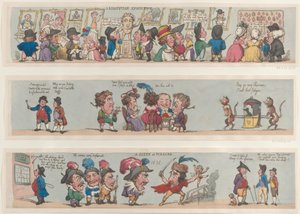 Egy jelenet a Pizzaroban, Groteszk határok a szobákhoz és a termekhez, 1799-1800., 1799-1800. alkotó: Thomas Rowlandson