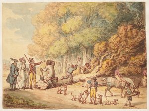 Egy vadász családjával, amint utasítja a favágókat egy kidőlt fa feldarabolására alkotó: Thomas Rowlandson