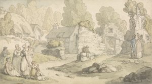 Falusi jelenet figurákkal és romos épületekkel (akvarell, toll, tus és ceruza papíron) alkotó: Thomas Rowlandson