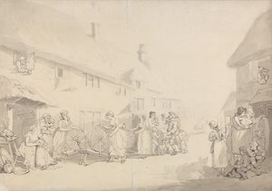 Falusi jelenet fonó lányokkal alkotó: Thomas Rowlandson