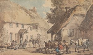 Egy falusi utca, amelyen szarvasmarhákat és juhokat hajtanak át alkotó: Thomas Rowlandson