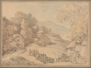 Egy falu dombos tájon alkotó: Thomas Rowlandson