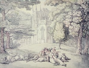 Főiskolai zöld egy csapat leányzókkal és fiatal urakkal az előtérben, 1810-1815 körül (toll és tinta, valamint akvarell ceruza fölött, papíron) alkotó: Thomas Rowlandson