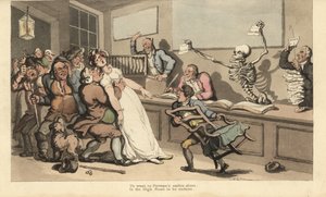 Egy nő döbbenten lejár egy üres papírdarab láttán, amelyet a Halál csontváza lengetett egy lottóirodában. Thomas Rowlandson által rajzolt és vésett, kézzel színezett rézlemez az angol haláltáncból, Ackermann, London alkotó: Thomas Rowlandson