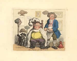 Borbély és vásárló egy parókákkal díszített fodrászatban. alkotó: Thomas Rowlandson