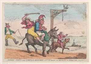 Bloody Boney, a tetemmészáros kilépett a kereskedelemből, és visszavonult Madárijesztő-szigetre,..., 1814. április 12. alkotó: Thomas Rowlandson