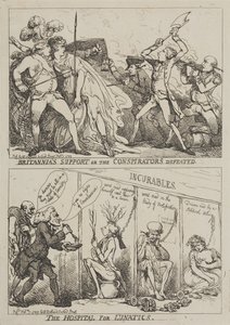 Britannia támogatása vagy az összeesküvők veresége – Az elmebetegek kórháza alkotó: Thomas Rowlandson