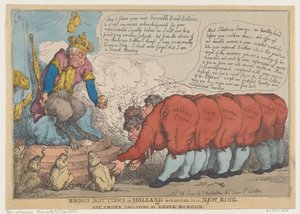 Broad Bottoms Hollandiában új királyukat imádva, 1806. július 23., 1806. július 23. alkotó: Thomas Rowlandson