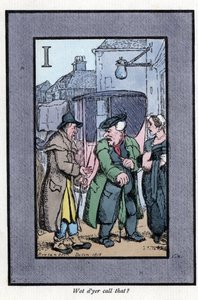 Ellenőrizze, hogy Hackney apró borravalók miatt panaszkodik az utasoknak (1819). Thomas Rowlandson (1756-1827) festménye alapján készült fametszet, amely a londoni válságban jelent meg: hat bájos gyerekkel és közel 40 illusztrációval, Andrew Tuer, Field és alkotó: Thomas Rowlandson