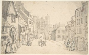 Városi kilátás középkori kapuval (talán York) alkotó: Thomas Rowlandson