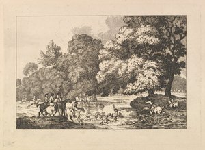 Szarvasvadászat – Tájkép szarvassal és kopókkal a folyóban, 1787. alkotó: Thomas Rowlandson
