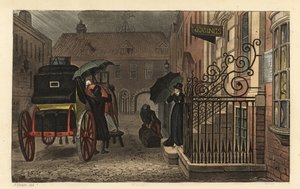 Indulás: A turisták, akik esőben poggyászukat kocsira rakják egy szálloda előtt. Kézzel színezett rézmetszet Thomas Rowlandsontól, akvatinta J. C. Stadlertől, J. Green vázlata a Poetical Sketches of Scarborough, Ackermann, Londonból alkotó: Thomas Rowlandson