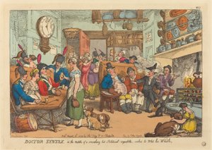 Doctor Syntax egy füstölgő politikai civakodás közepette szeretné nedvesíteni a nyüzsgést alkotó: Thomas Rowlandson