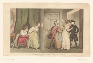Doctor Syntax-ot két nő vezeti át egy ajtón alkotó: Thomas Rowlandson