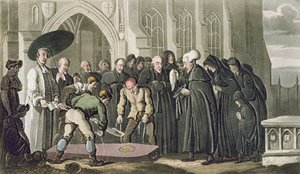 Dr. Syntax in the Funeral of his Wife, William Combe „The Tour of Dr Syntax in search of the festői” című könyvéből, 1812-ben (akvatinta) alkotó: Thomas Rowlandson