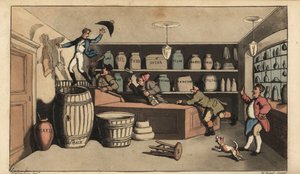 Részeg Johnnyt éjjeliőrök üldözték egy élelmiszerboltban, aki hamarosan beleesett egy vajhordóba. Kézi színű rézmetszet, W. Read Thomas Rowlandson illusztrációja után Alfred Burton: Johnny Newcombe kalandjai a haditengerészetben, Si alkotó: Thomas Rowlandson